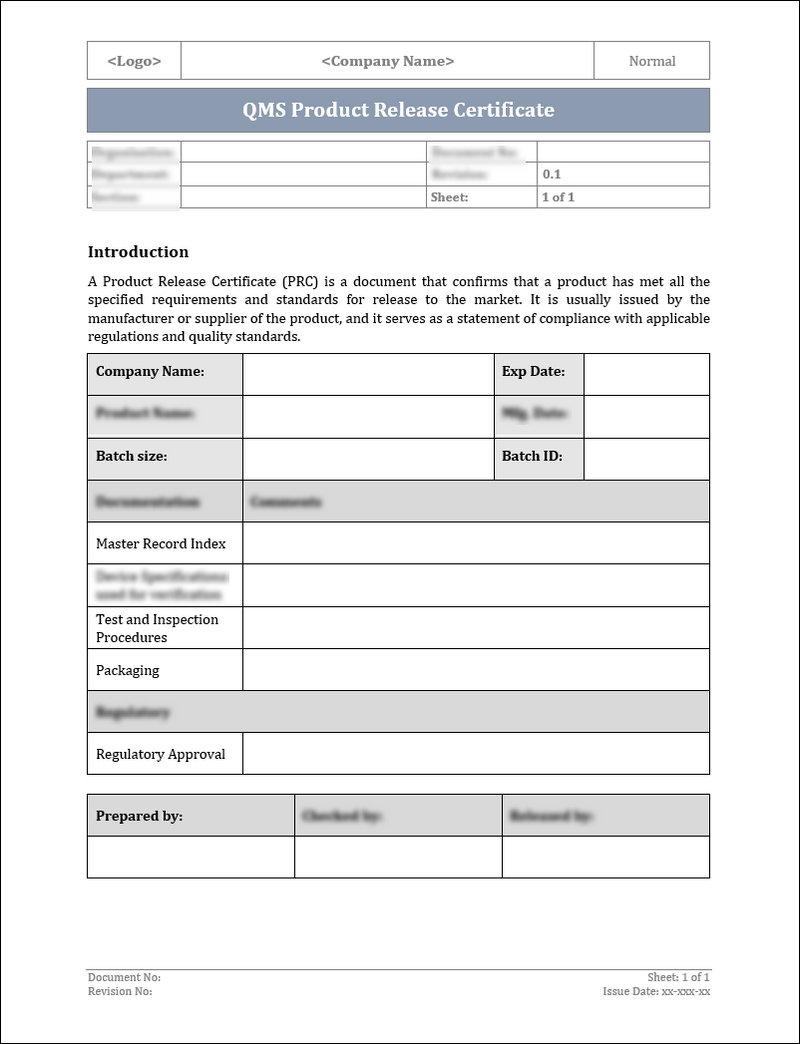 ISO 9001: QMS Product Release Certificate Template