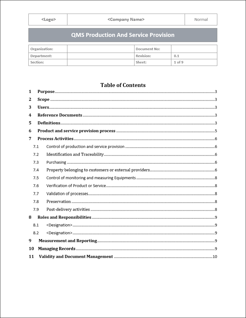 ISO 9001: QMS Production And Service Provision Template – ISO Templates ...