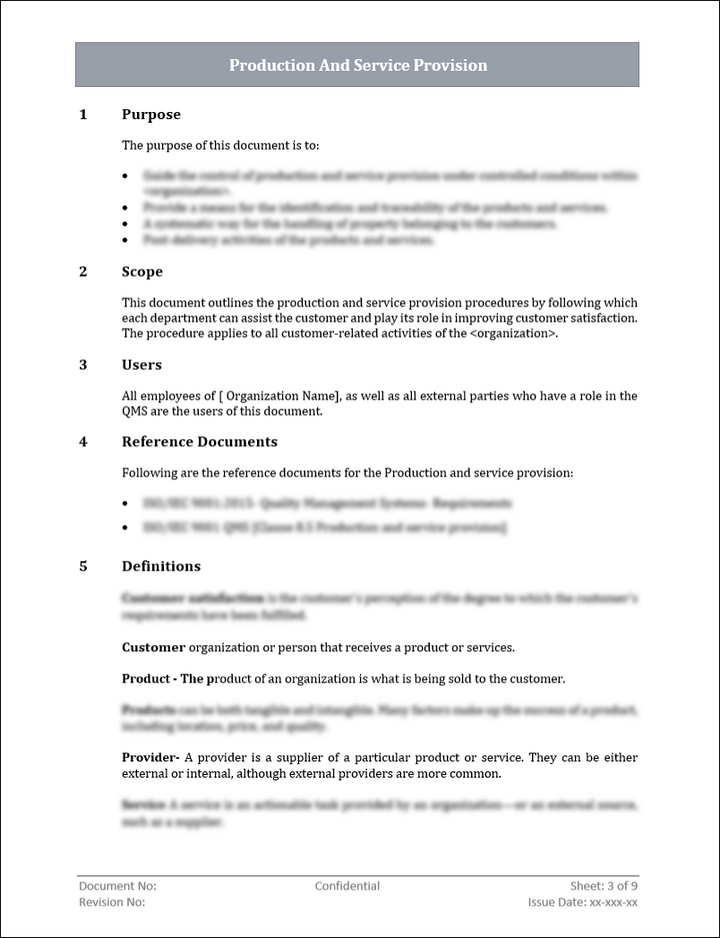 ISO 9001: QMS Production And Service Provision Template