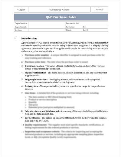 ISO 9001:QMS Purchase Order Template