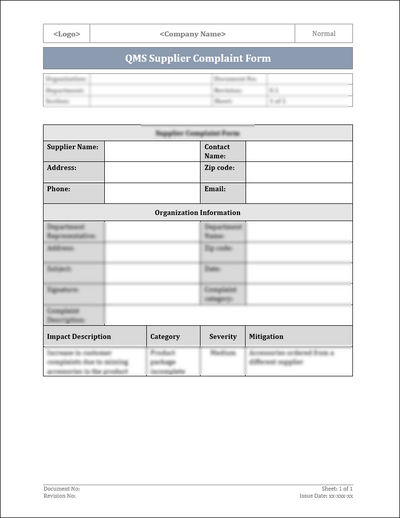 ISO 9001:QMS Supplier Complaint Form Template