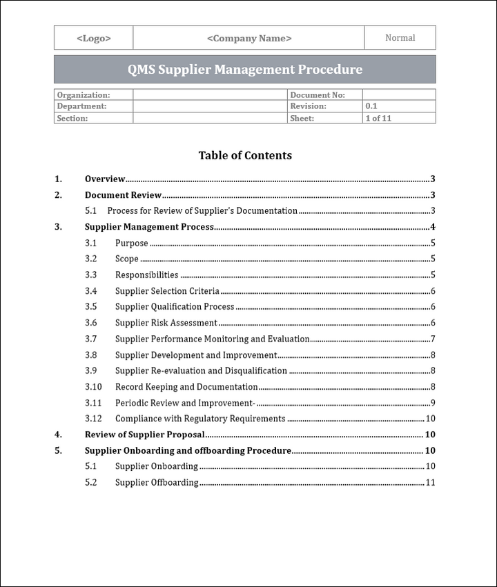 ISO 9001:QMS Supplier Management Procedure Template