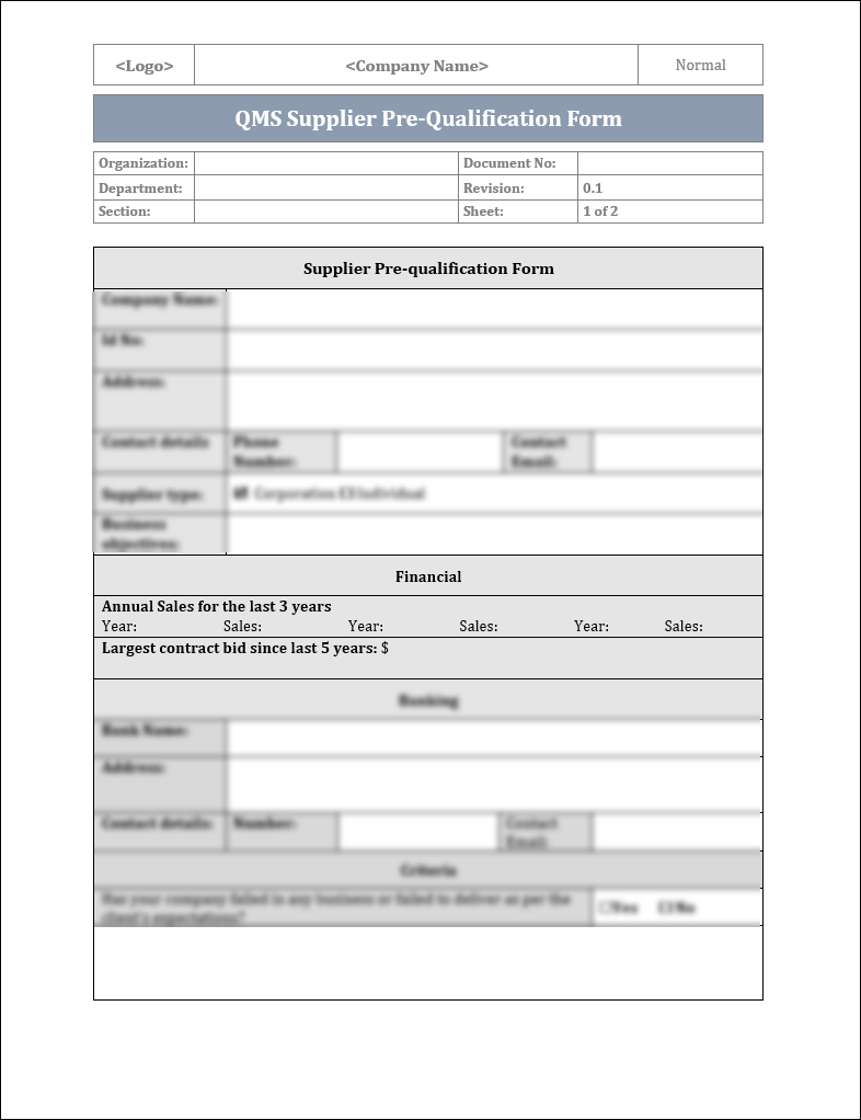 ISO 9001:QMS Supplier Pre-Qualification Form Template