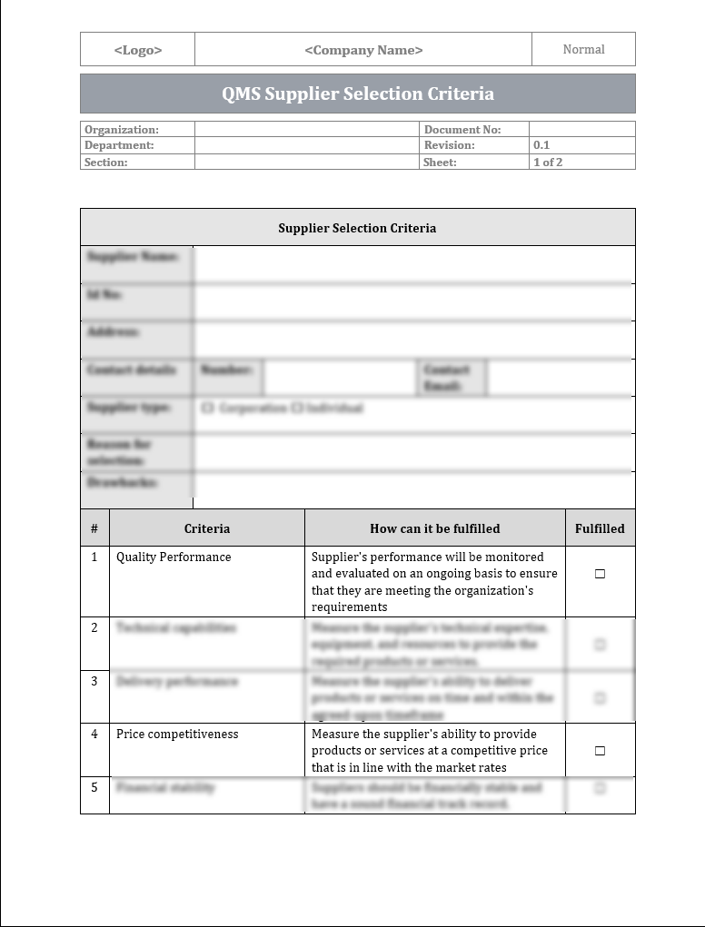 ISO 9001:QMS Supplier Selection Criteria Template