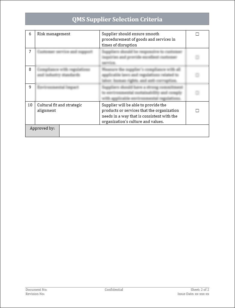 ISO 9001:QMS Supplier Selection Criteria Template