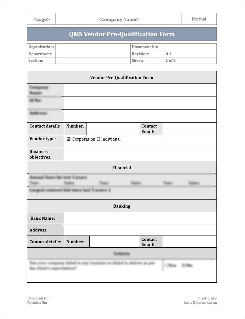 ISO 9001:QMS Vendor Pre-Qualification Form Template