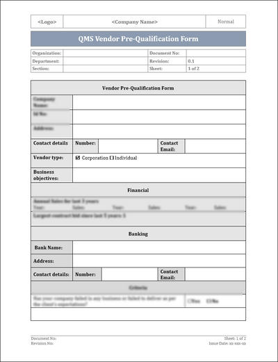 ISO 9001:QMS Vendor Pre-Qualification Form Template