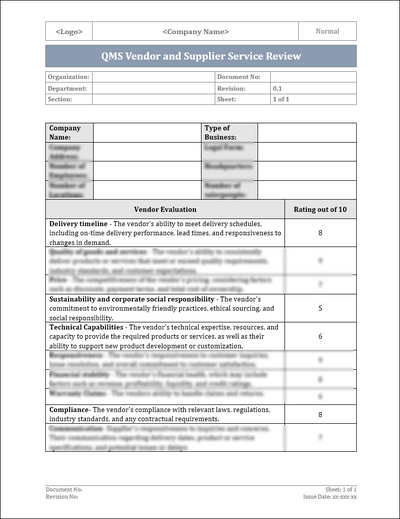 ISO 9001:QMS Vendor and Supplier Service Review  Template