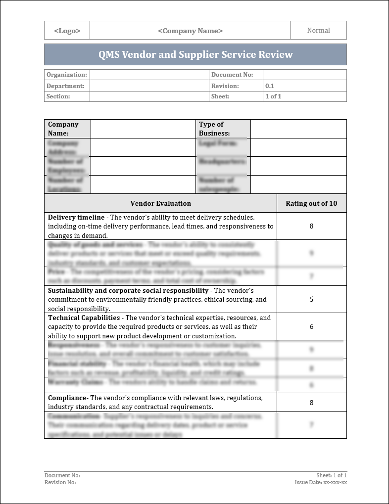 ISO 9001:QMS Vendor and Supplier Service Review Template ISO ISO 9001:QMS Vendor and Supplier Service Review Template ISO