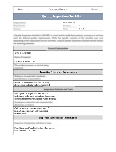 ISO 9001:Quality Inspection Checklist Template