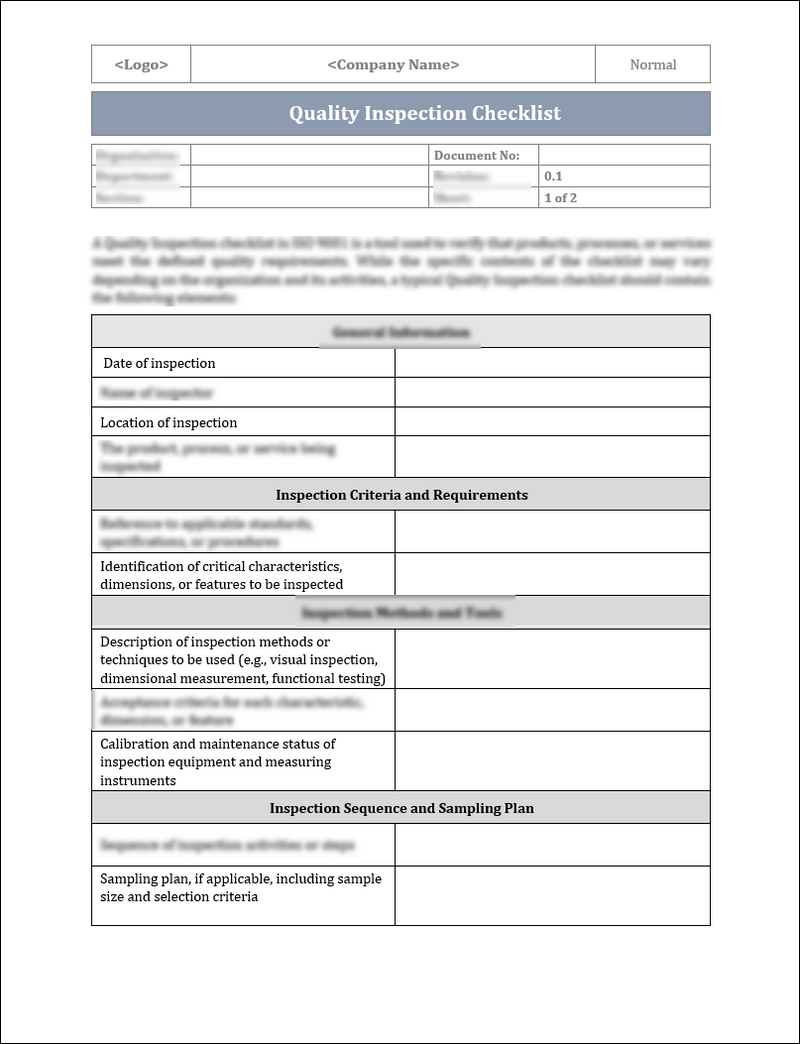 Quality Check Format ISO 9001: QMS Quality Inspection Checklist Template – ISO Templates and ...