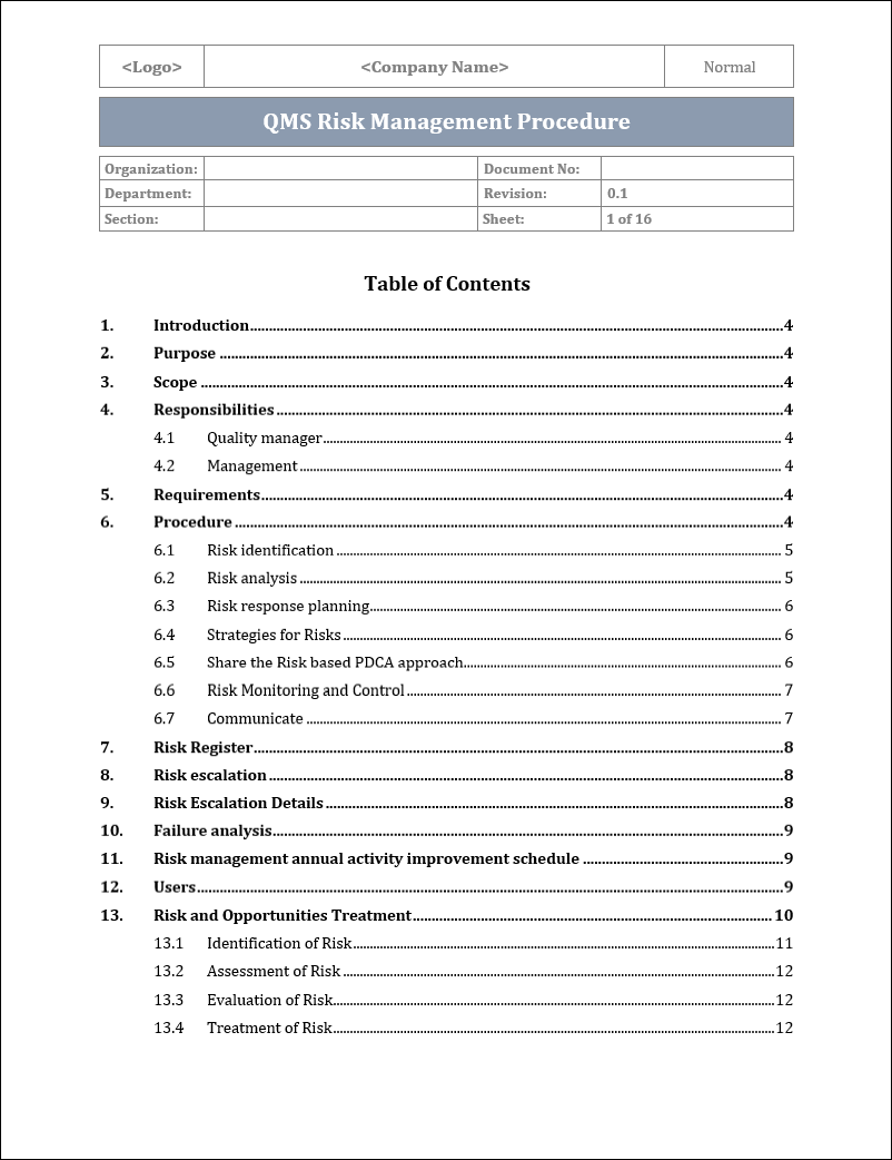 ISO 9001: QMS Risk Management Procedure – ISO Templates and Documents ...