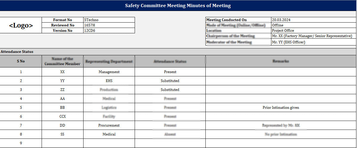Safety Committee MOM Template (IMS)- Editable Excel Format – ISO ...