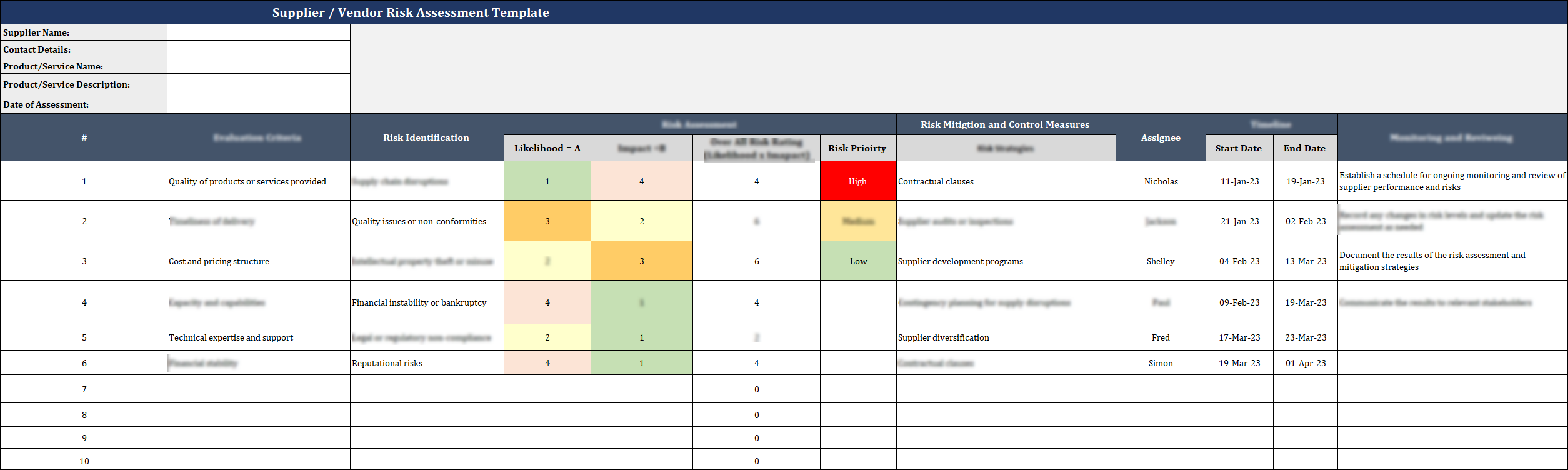 Example Supplier Risk Classification Format ISO 9001:QMS Supplier / Vendor Risk Assessment Template – ISO Templates ...