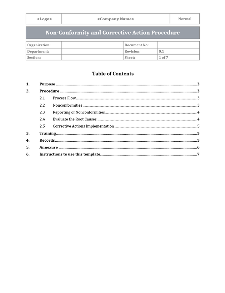 ISO 22301 Non Conformity and Corrective Action Procedure Template