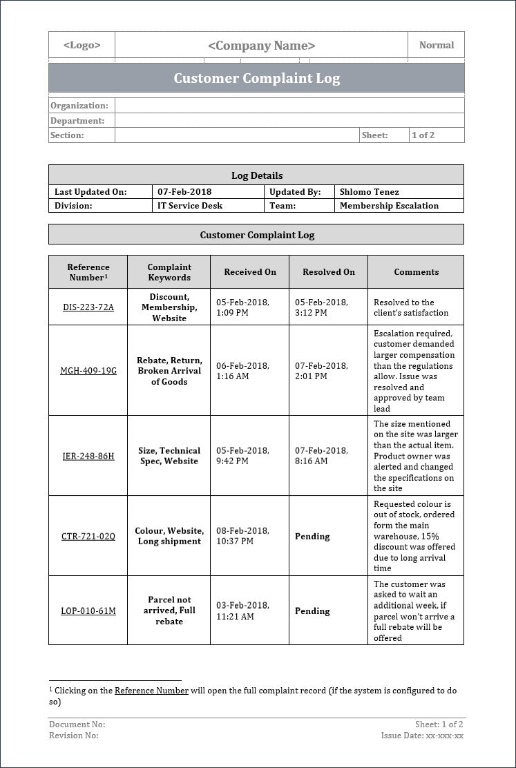 customer complaint log