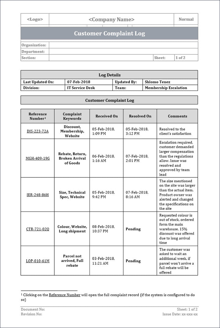 customer complaint log