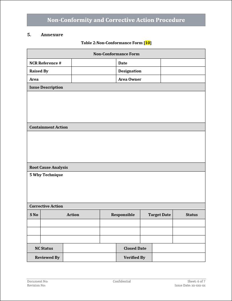 ISO 22301 Non Conformity and Corrective Action Procedure Template