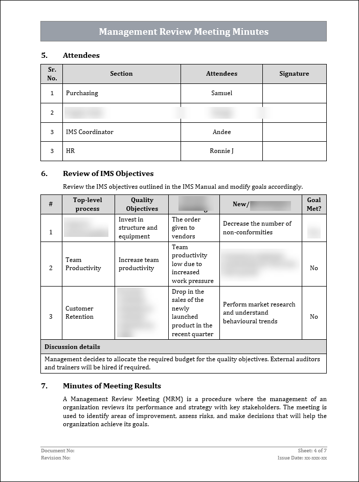Ims Committee Sample IMS Management Review Meeting Minutes Template – ISO (Word-Editable ...