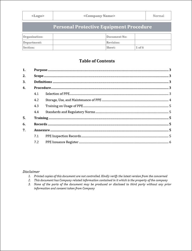 IMS PPE Procedure Template | ISO 45001 Personal Protective Equipment S ...