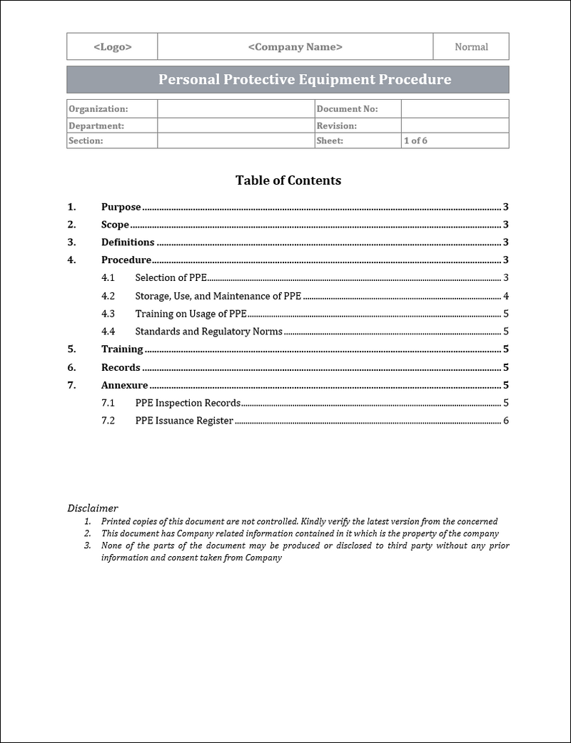 IMS PPE Procedure Template | ISO 45001 Personal Protective Equipment S ...