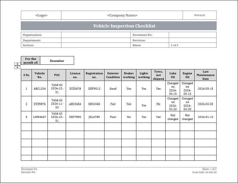 IMS Vehicle Checklist Format Template (Editable Word) – ISO Templates ...