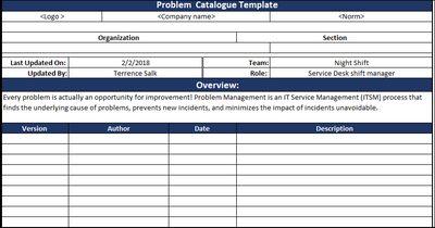 Problem Catalogue Excel Template 