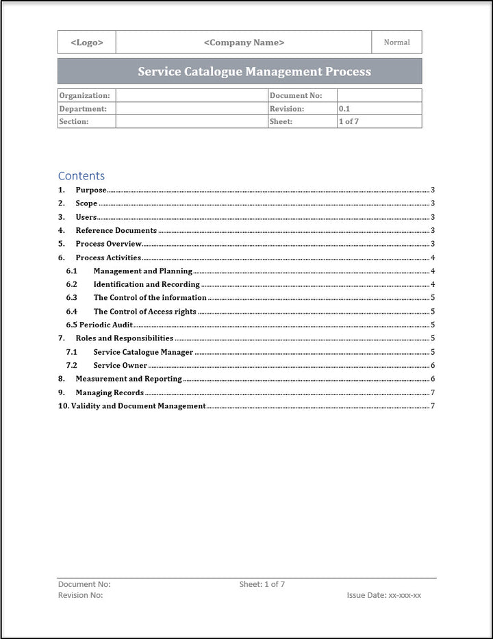 ISO 20000 Service Catalog Management Process Template