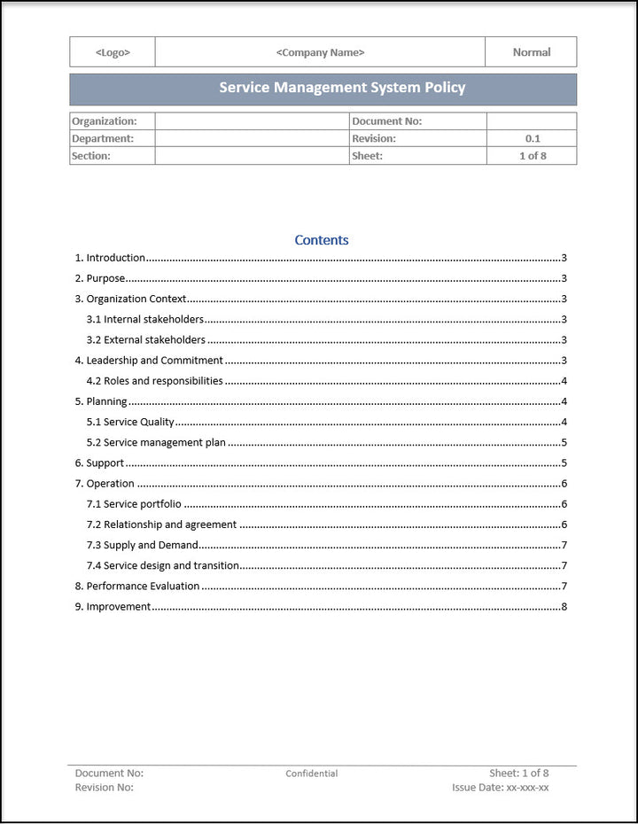 ISO 20000 Service Management System Policy Template