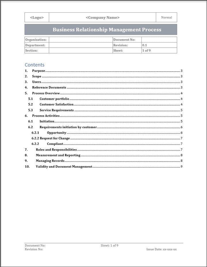 ISO 20000 Business Relationship Management Process Template