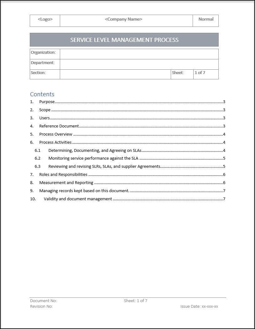 ISO 20000 Service Level Management Process Template