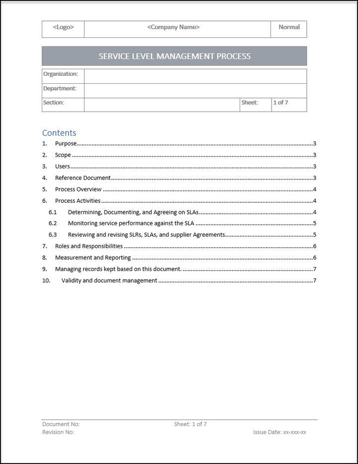 ISO 20000 Service Level Management Process Template