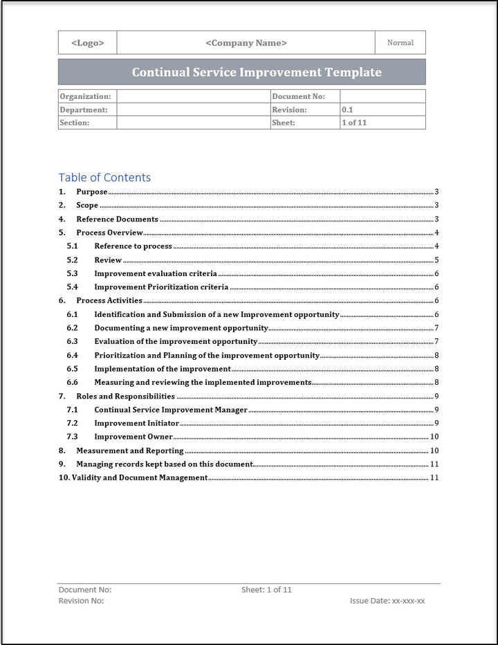 ISO 20000 Continual Service Improvement Process Template