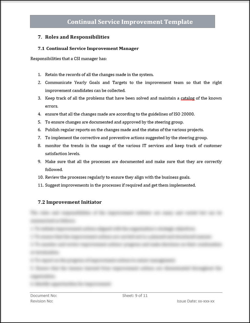 ISO 20000 Continual Service Improvement Process Template