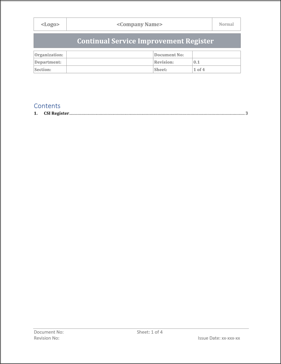 ISO 20000 Continual Service Improvement Register Template