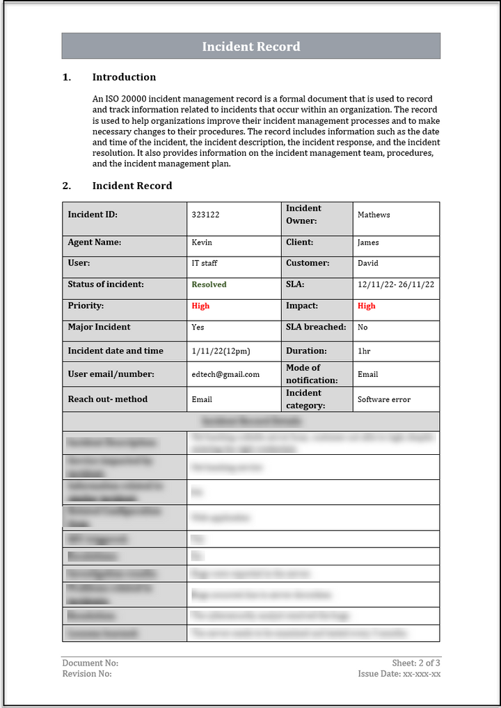 ISO 20000 Incident Record Template