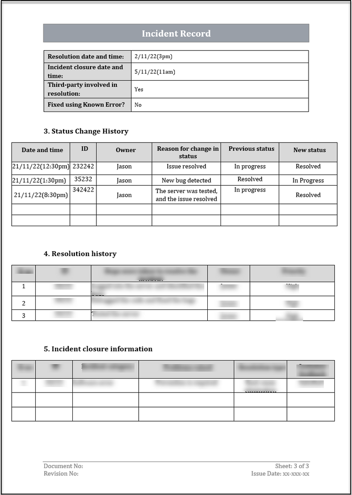 ISO 20000 Incident Record Template