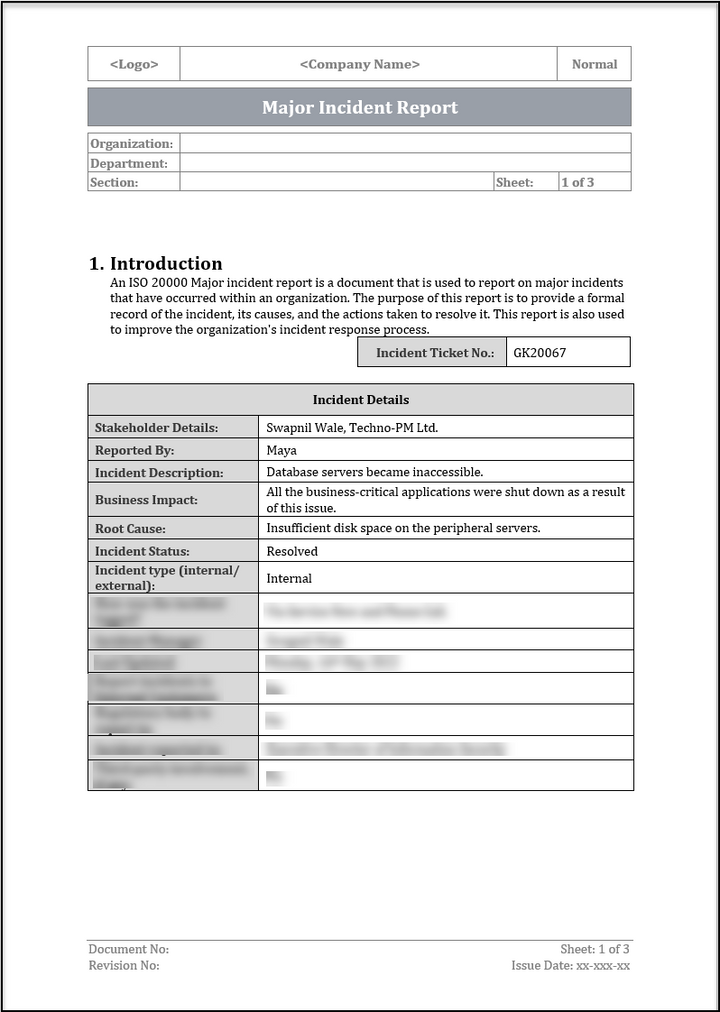 ISO 20000 Major Incident Report Template