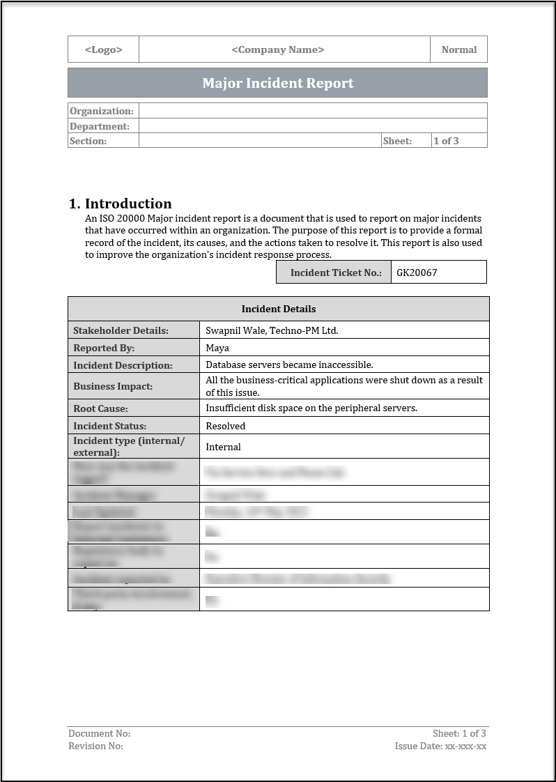 ISO 20000 Major Incident Report Template
