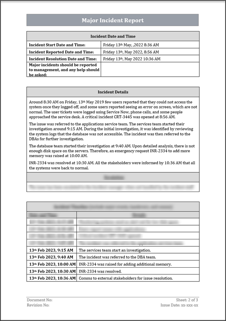 ISO 20000 Major Incident Report Template