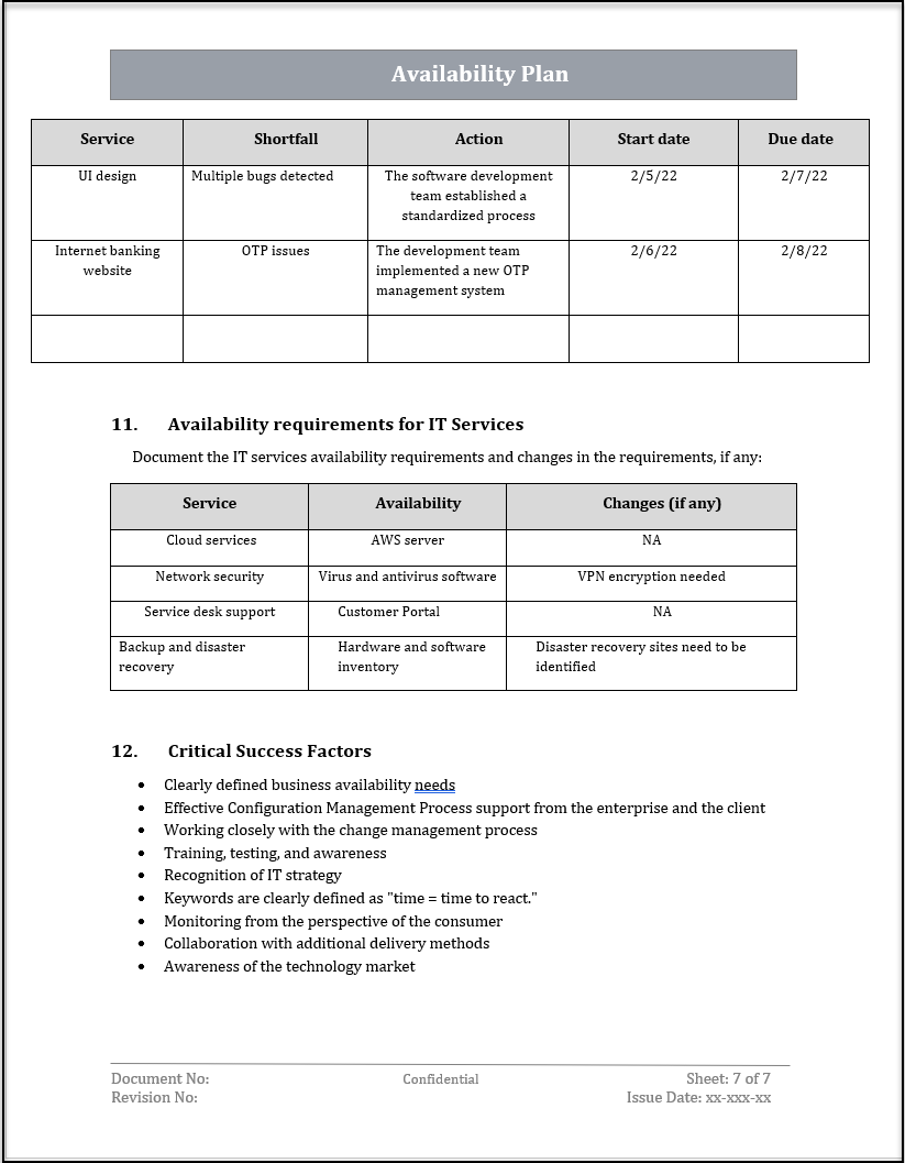 ISO 20000 Availability Plan Template