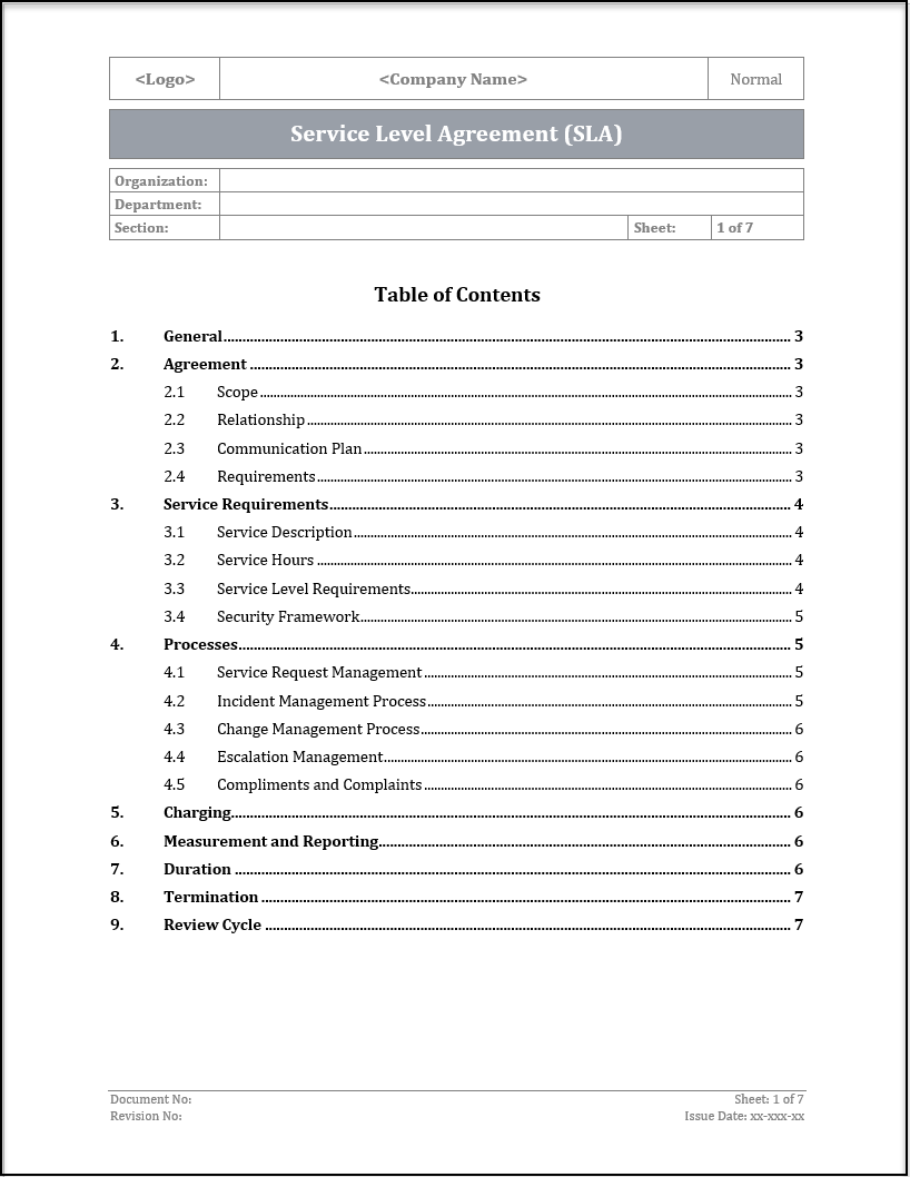 ISO 20000 Service Level Agreement (SLA) Template