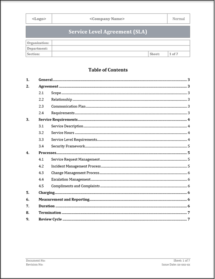 ISO 20000 Service Level Agreement (SLA) Template