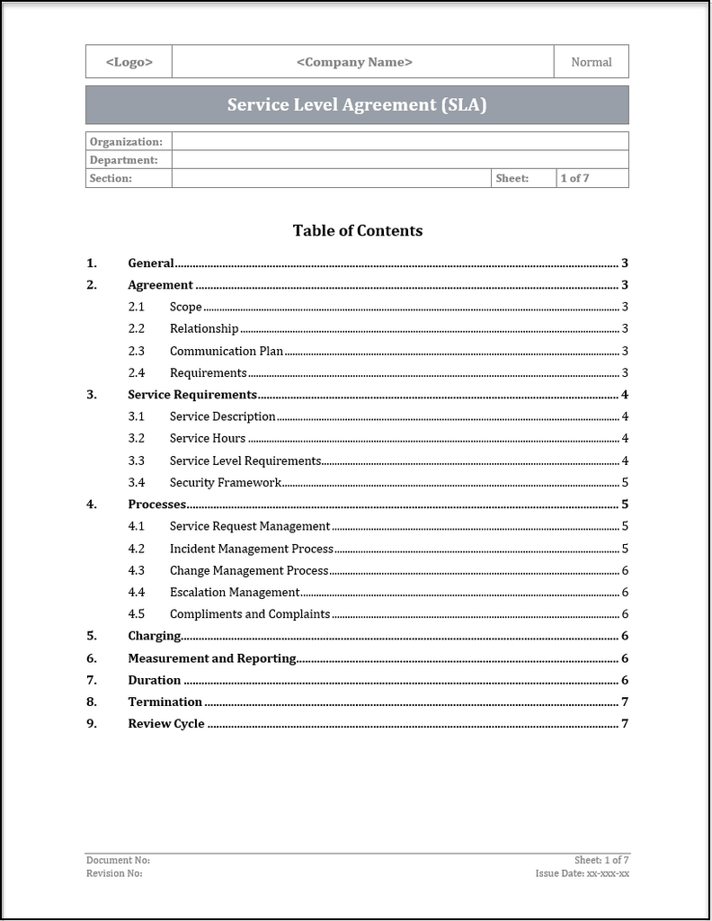 Itil Service Level Agreement Template