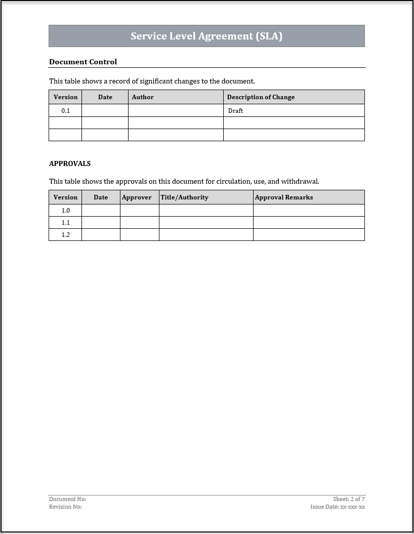ISO service level agreement document control and approval page