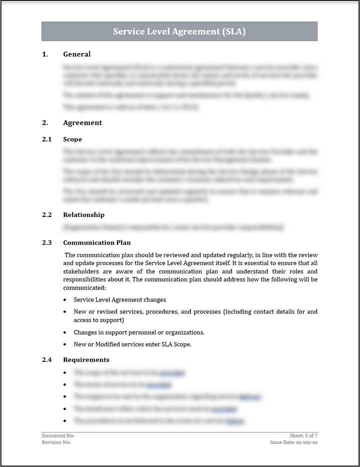 ISO 20000 Service Level Agreement (SLA) Template