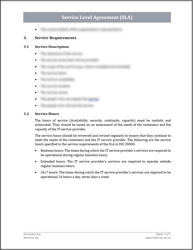 ISO 20000 Service Level Agreement (SLA) Template