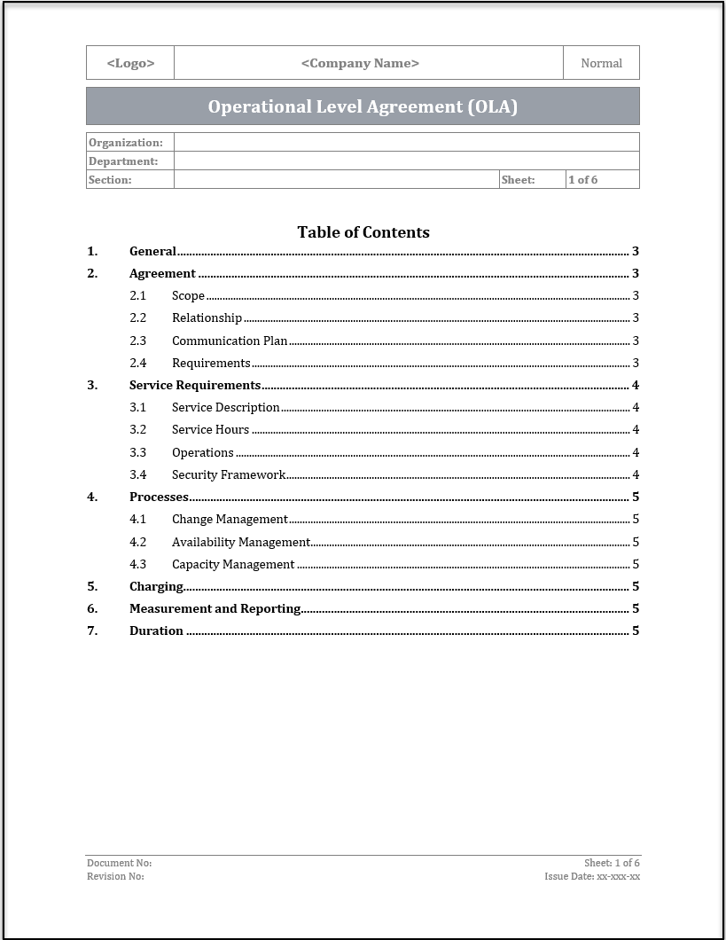 ISO 20000 Operational Level Agreement (OLA)