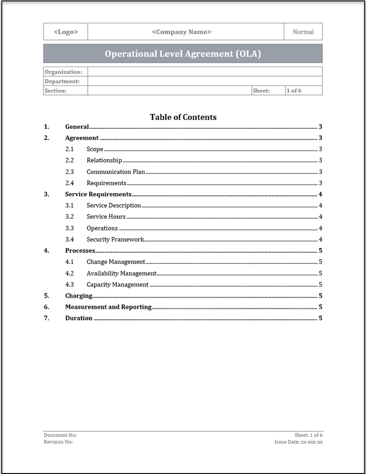 ISO 20000 Operational Level Agreement (OLA)