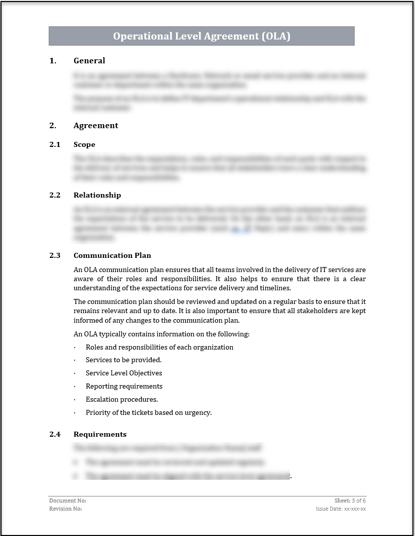 ISO 20000 Operational Level Agreement (OLA)